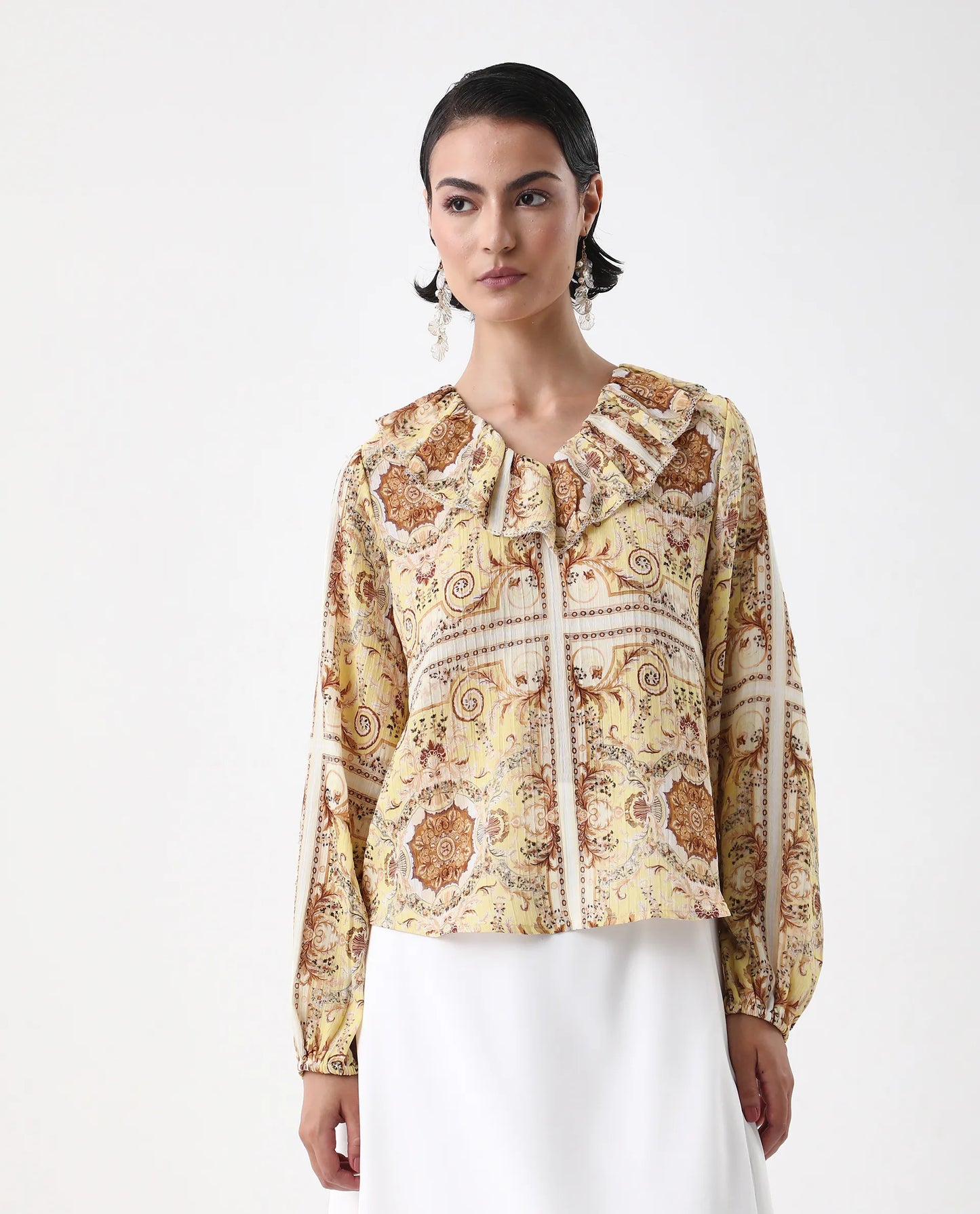Rareism Women's Nueson Yellow Polyester Ruffled Neck Regular Fit Top | RAREISM at Broadway