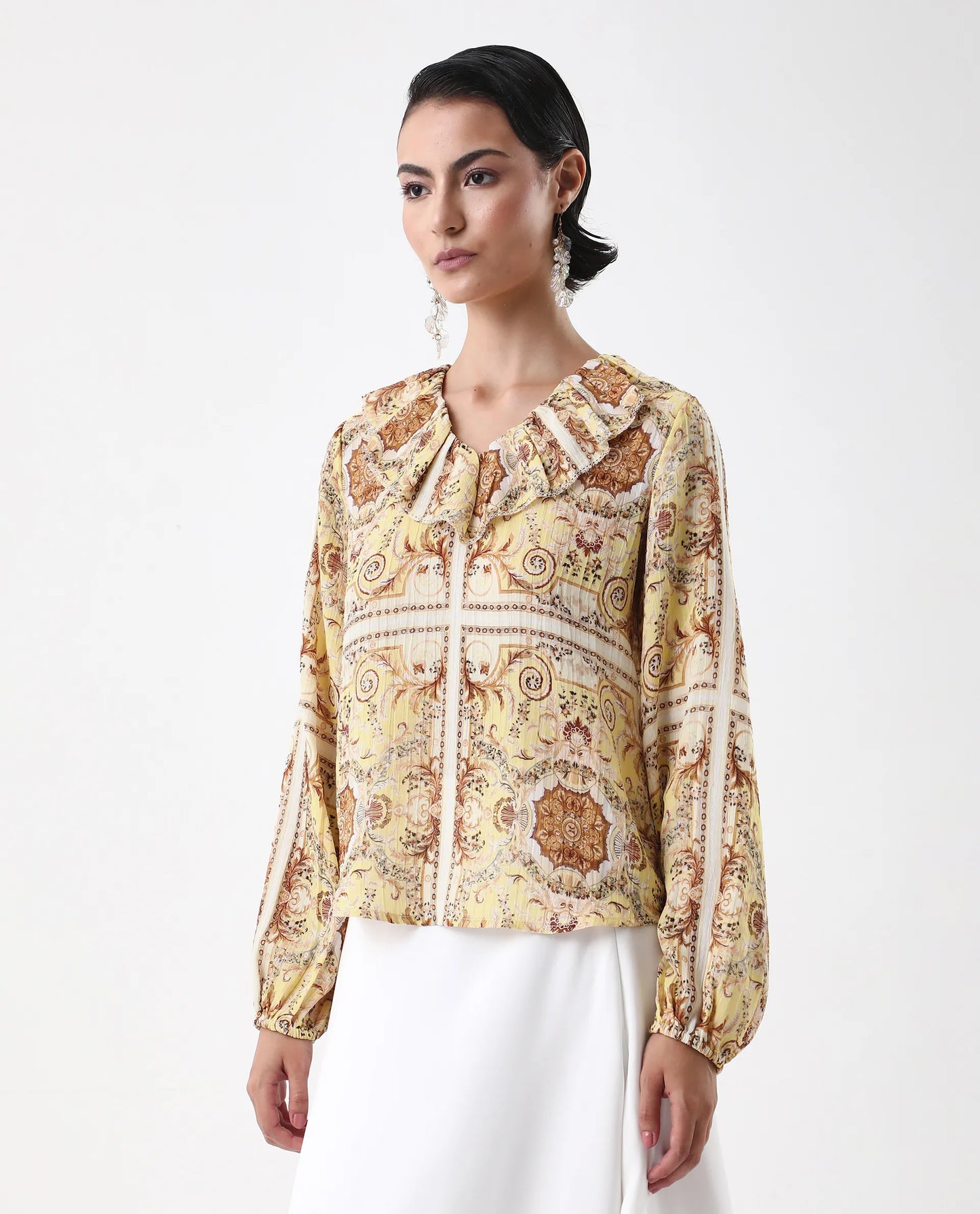 Rareism Women's Nueson Yellow Polyester Ruffled Neck Regular Fit Top | RAREISM at Broadway
