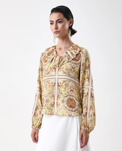 Rareism Women's Nueson Yellow Polyester Ruffled Neck Regular Fit Top | RAREISM at Broadway