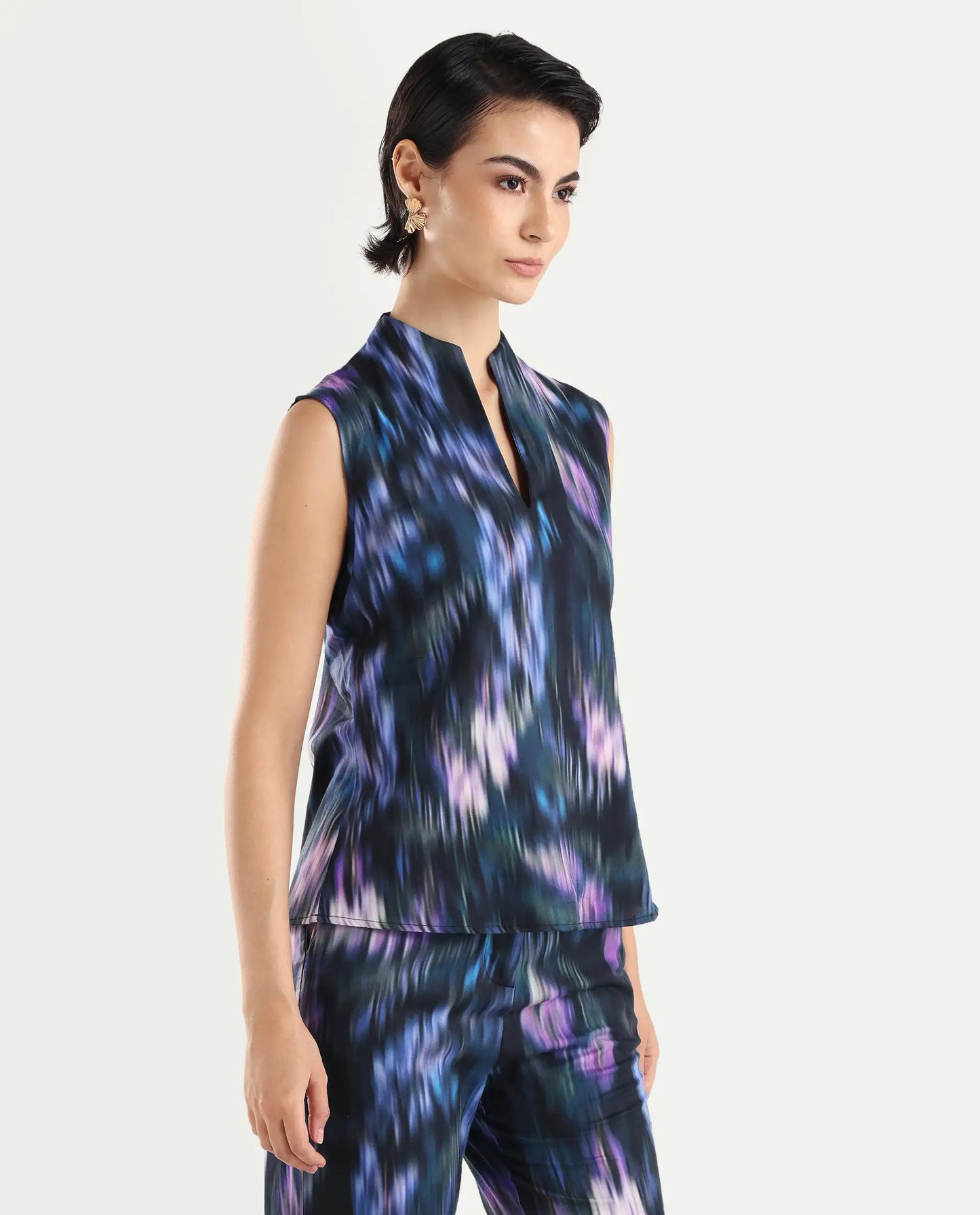 Rareism Women's Nushi T Navy Cotton Build Up Neck Regular Fit Top | RAREISM at Broadway