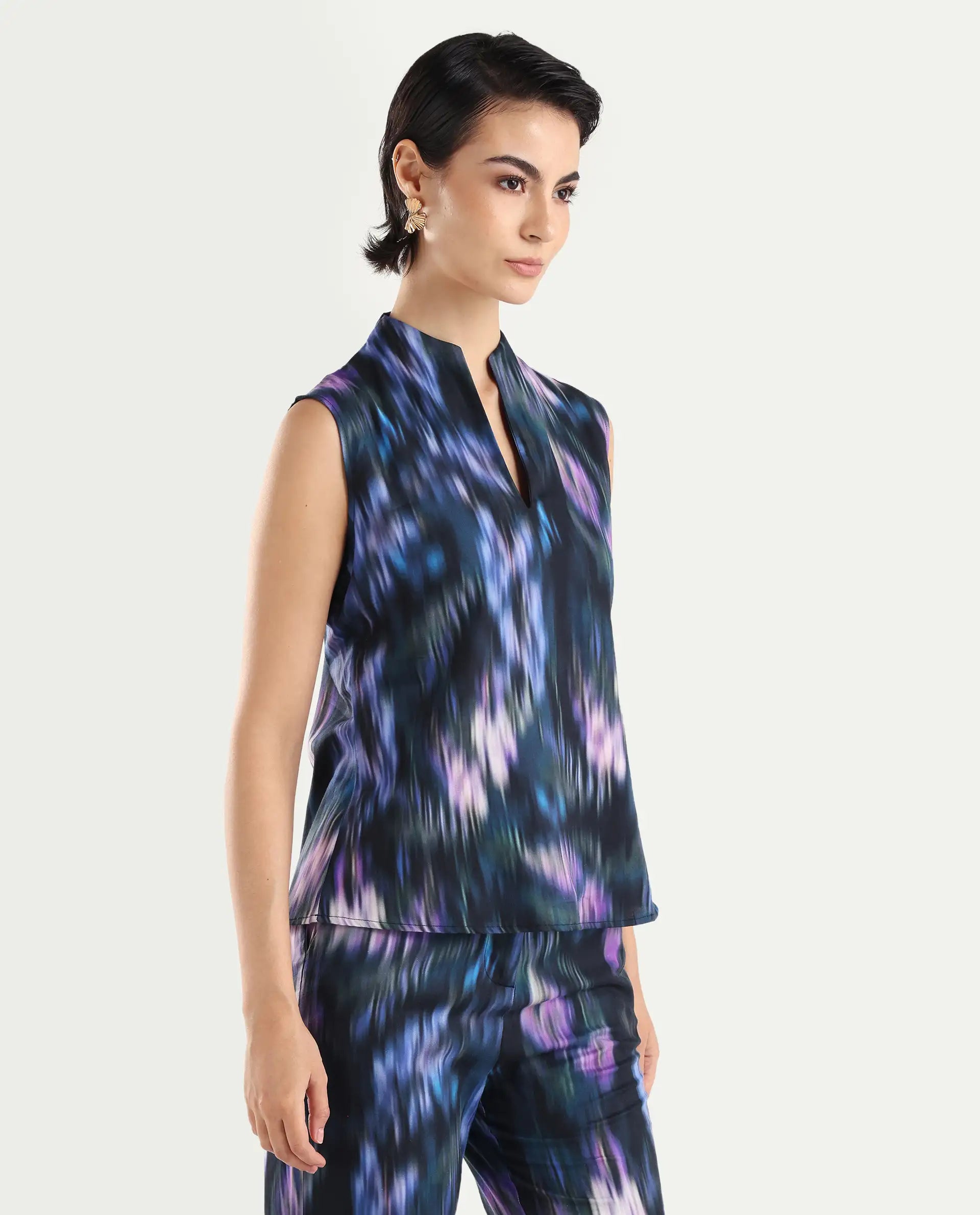 Rareism Women's Nushi T Navy Cotton Build Up Neck Regular Fit Top | RAREISM at Broadway