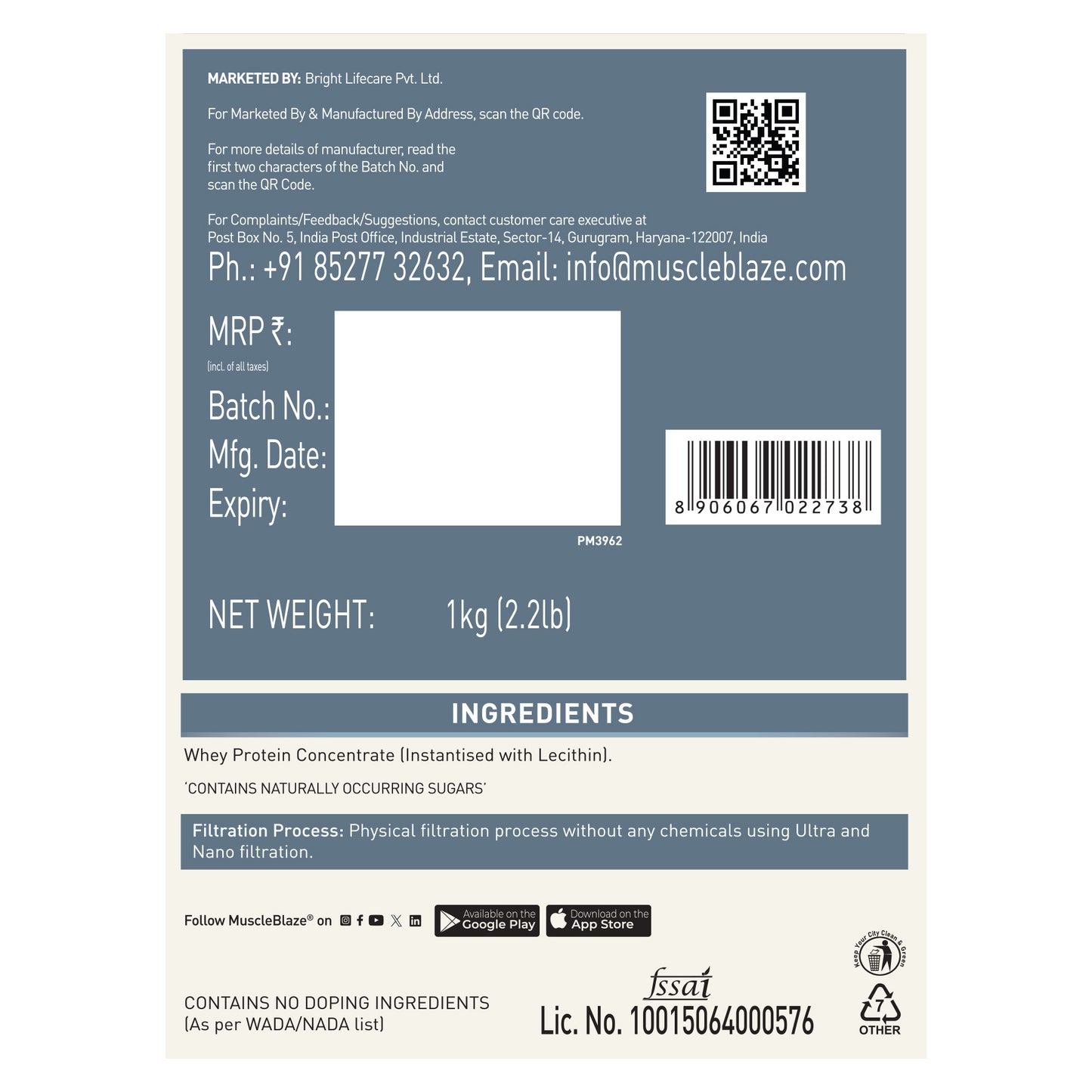 MuscleBlaze 100% Clean Raw Whey Protein Isolate, Unflavoured, 1kg