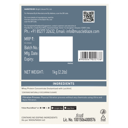 MuscleBlaze 100% Clean Raw Whey Protein Isolate, Unflavoured, 1kg