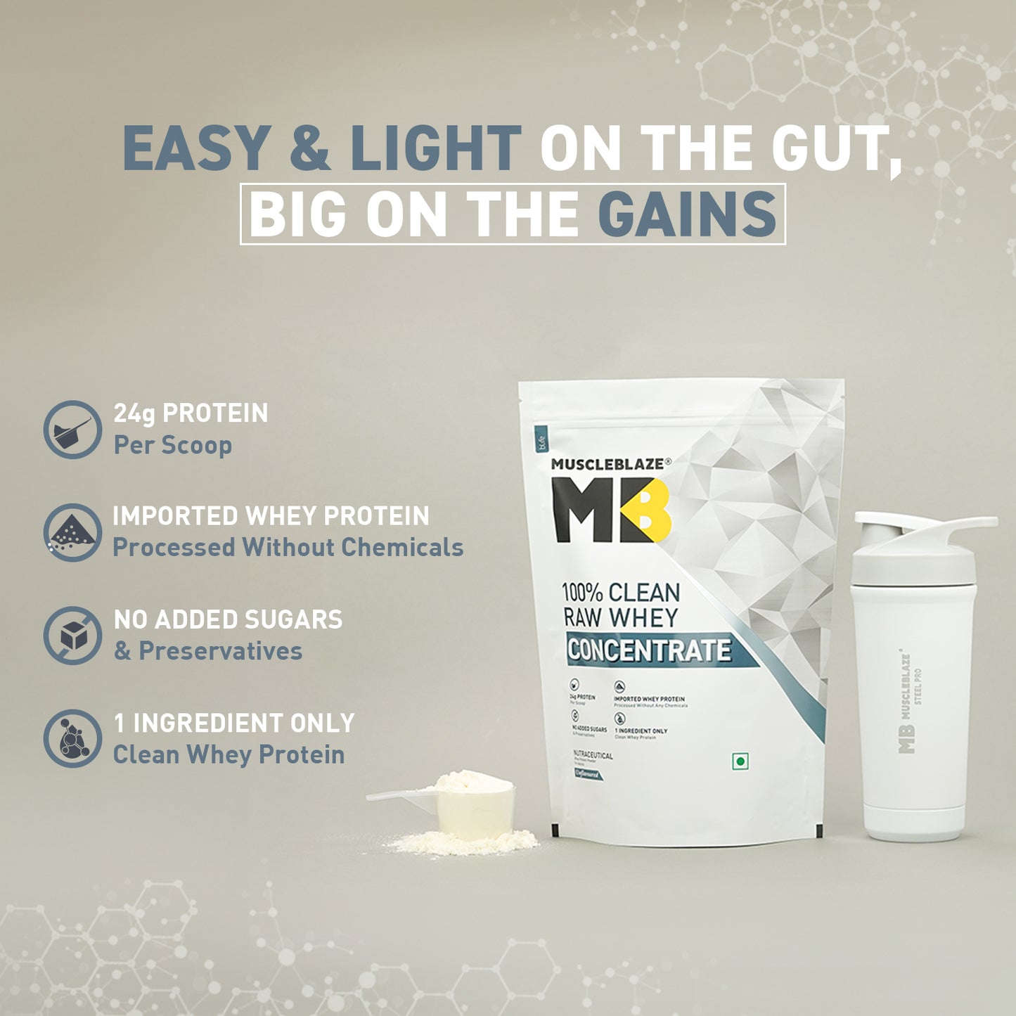 MuscleBlaze 100% Clean Raw Whey Protein Concentrate (Unflavoured, 1kg) | Easy to Digest | MuscleBlaze at Broadway