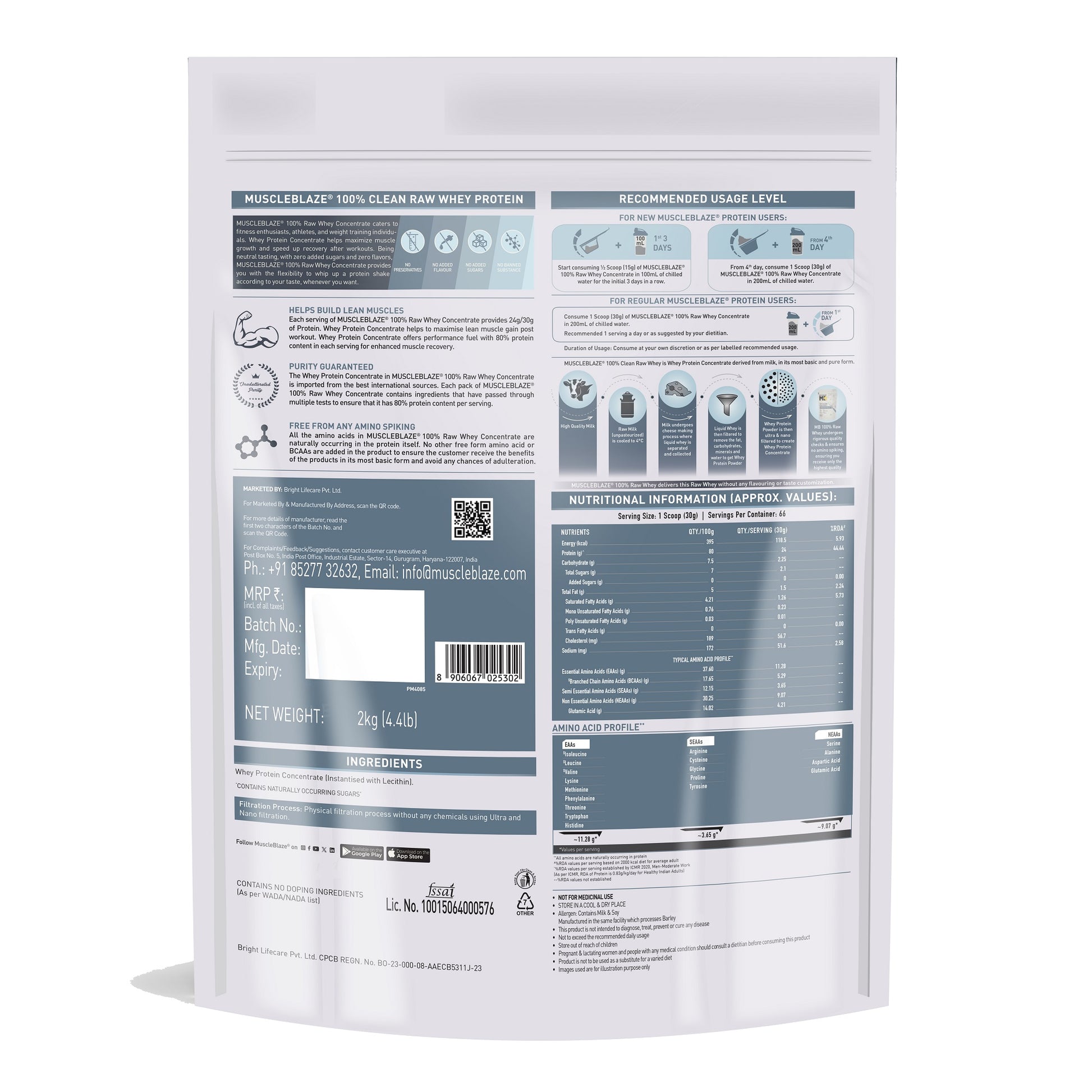 MuscleBlaze 100% Clean Raw Whey Protein Concentrate (Unflavoured, 2kg) | MuscleBlaze at Broadway