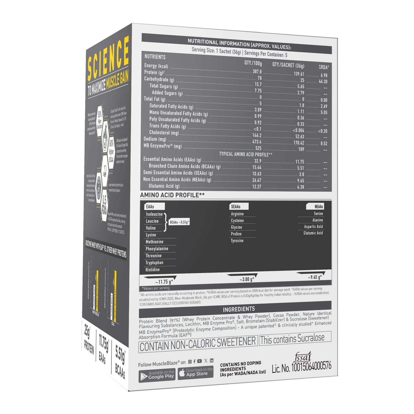 MuscleBlaze Biozyme Performance Whey Protein Sachets, Chocolate (5x36g)