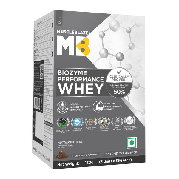 MuscleBlaze Biozyme Performance Whey Protein Sachets, Chocolate (5x36g)
