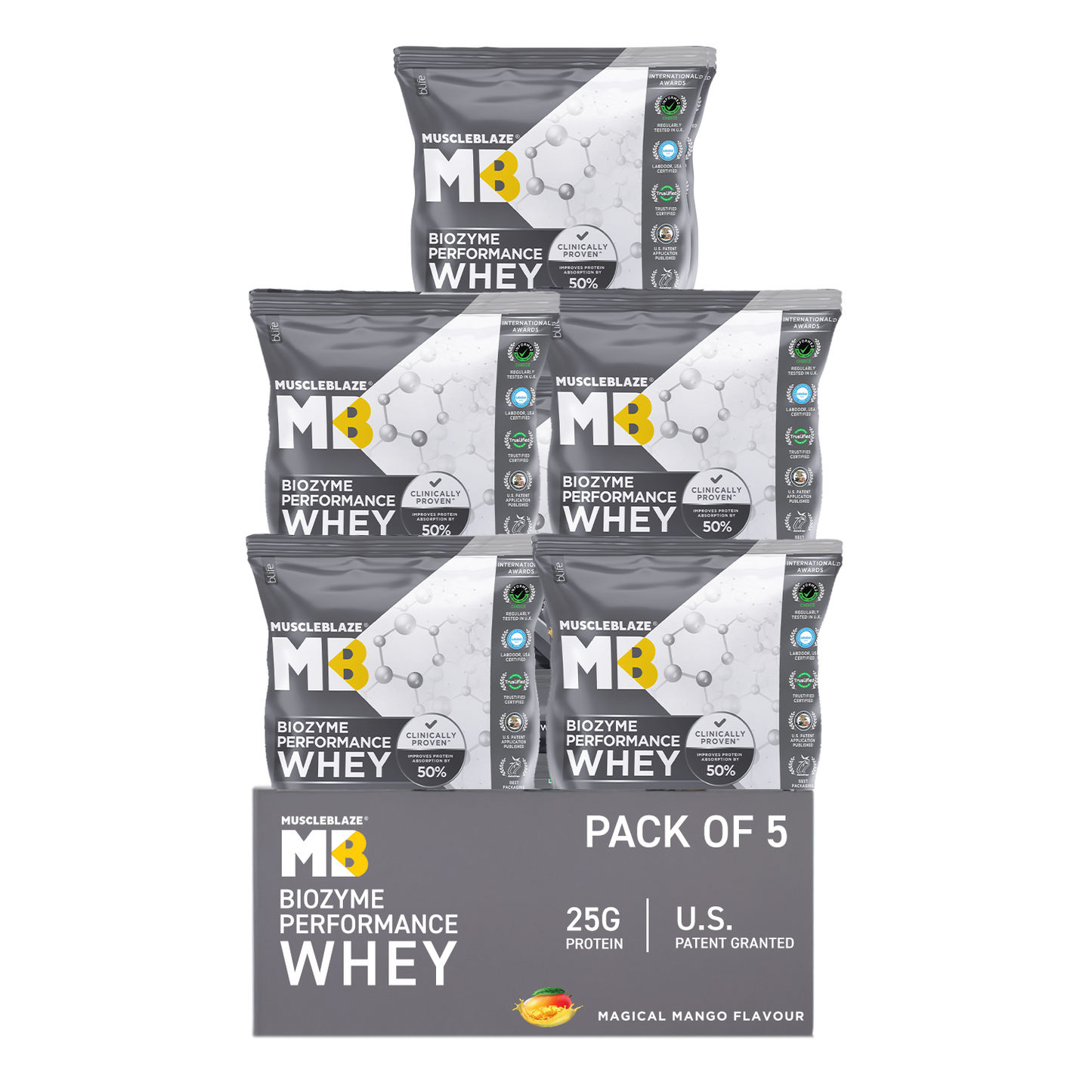 MuscleBlaze Biozyme Performance Whey Protein Sachets, Mango (5x36g)