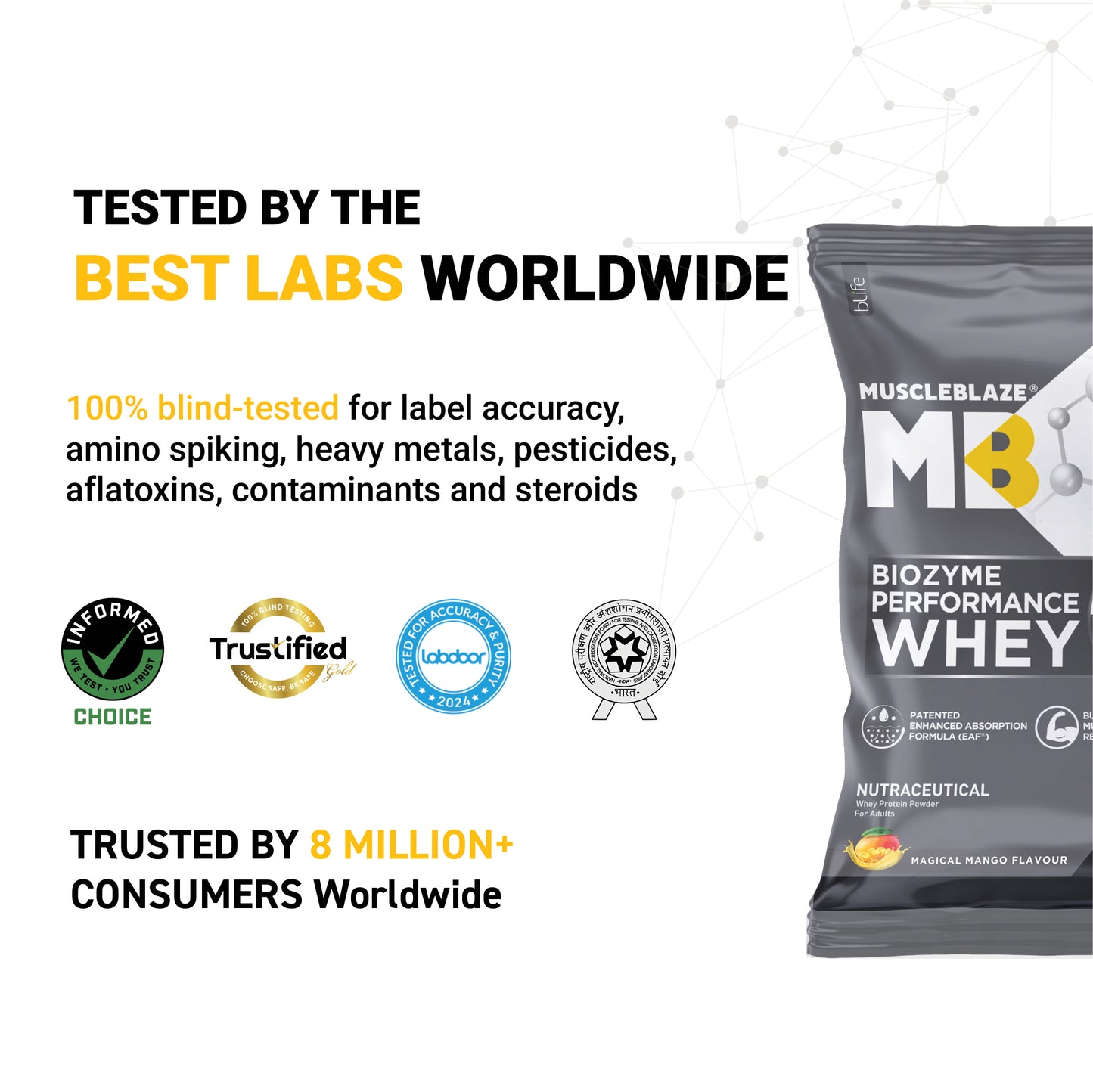 MuscleBlaze Biozyme Performance Whey Protein Sachets, Mango (5x36g)