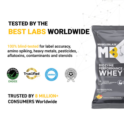 MuscleBlaze Biozyme Performance Whey Protein Sachets, Mango (5x36g)