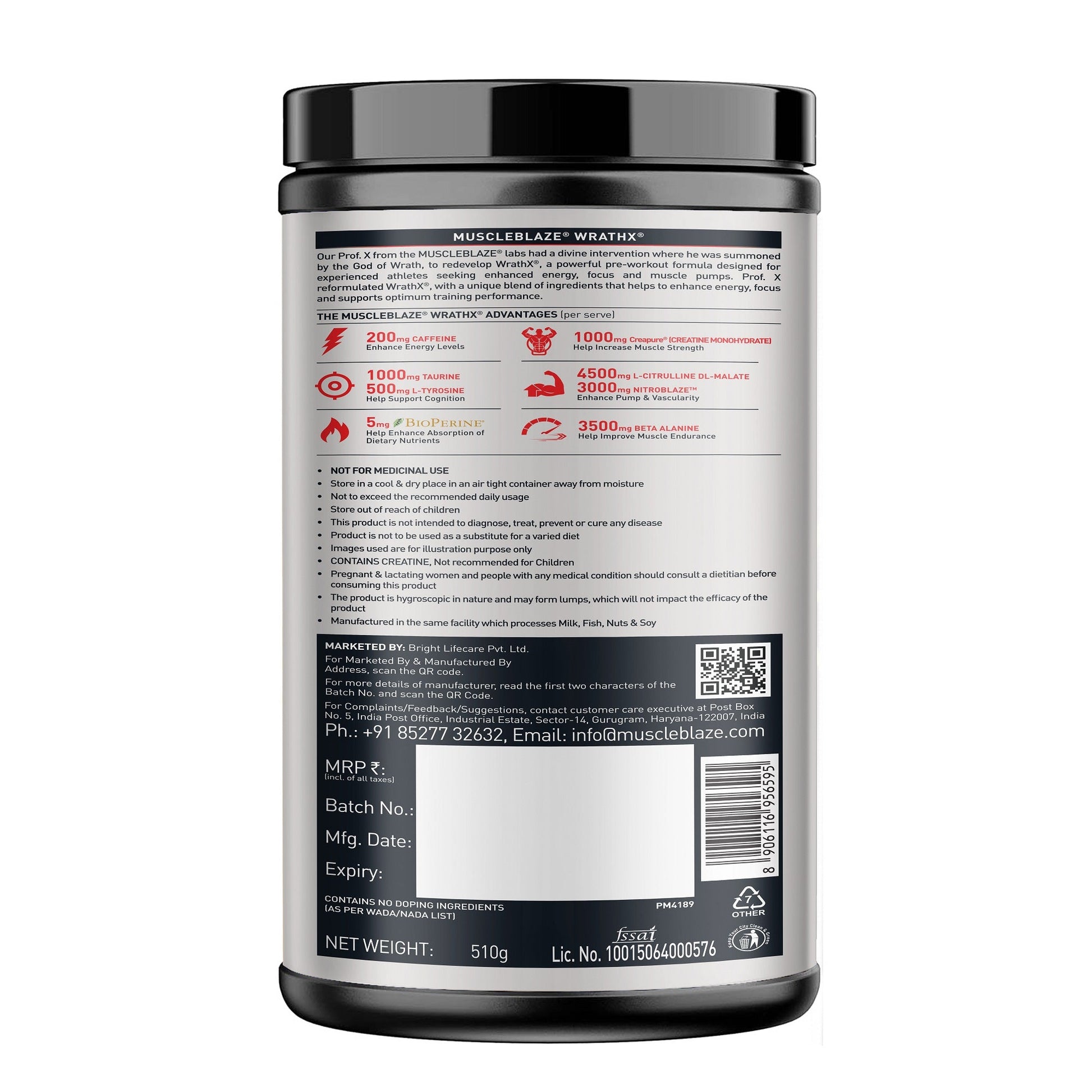 MuscleBlaze Pre Workout WrathX with Creapure®️, Fruit Fury, 510g | MuscleBlaze at Broadway