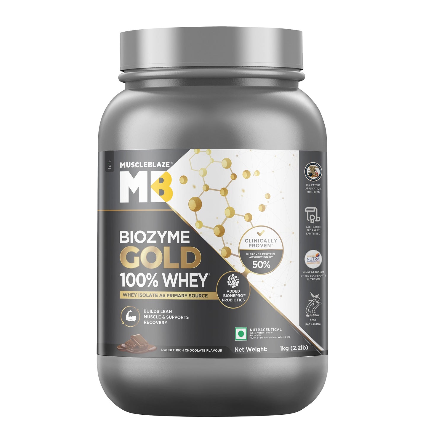 MuscleBlaze Biozyme Gold 100% Whey Protein (Double Rich Chocolate, 1kg / 2.2 lb)