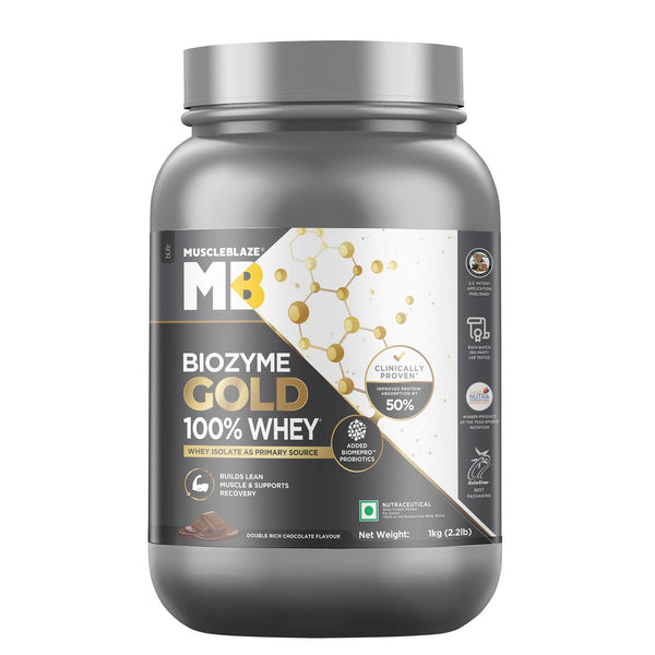 MuscleBlaze Biozyme Gold 100% Whey Protein (Double Rich Chocolate, 1kg / 2.2 lb)