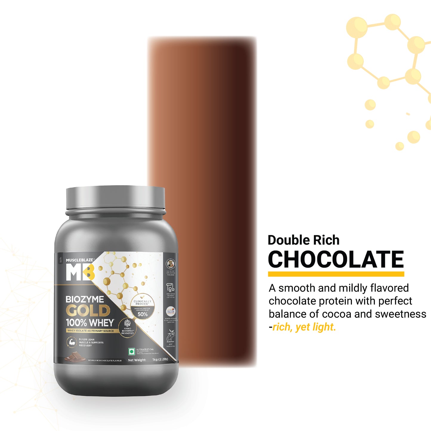 MuscleBlaze Biozyme Gold 100% Whey Protein (Double Rich Chocolate, 1kg / 2.2 lb)