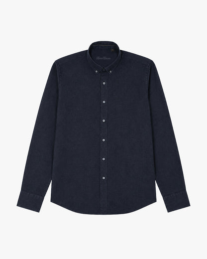 Bare Brown Button Down Collar Linen Shirt, Slim Fit with Full Sleeves- Navy