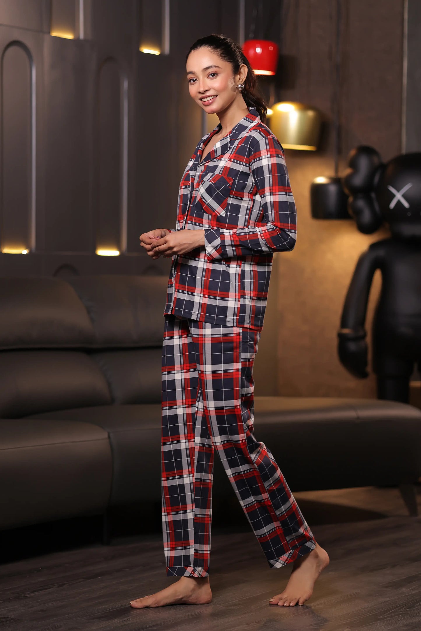 Navy Red Oxford plaid Full Sleeves Pyjama Set