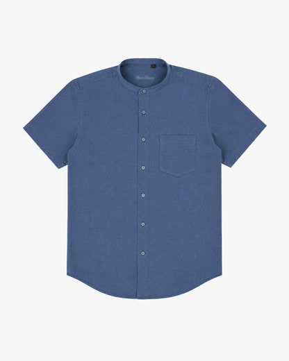 Bare Brown Mandarin Collar Cotton Linen Shirt, Slim Fit with Half Sleeves - Navy