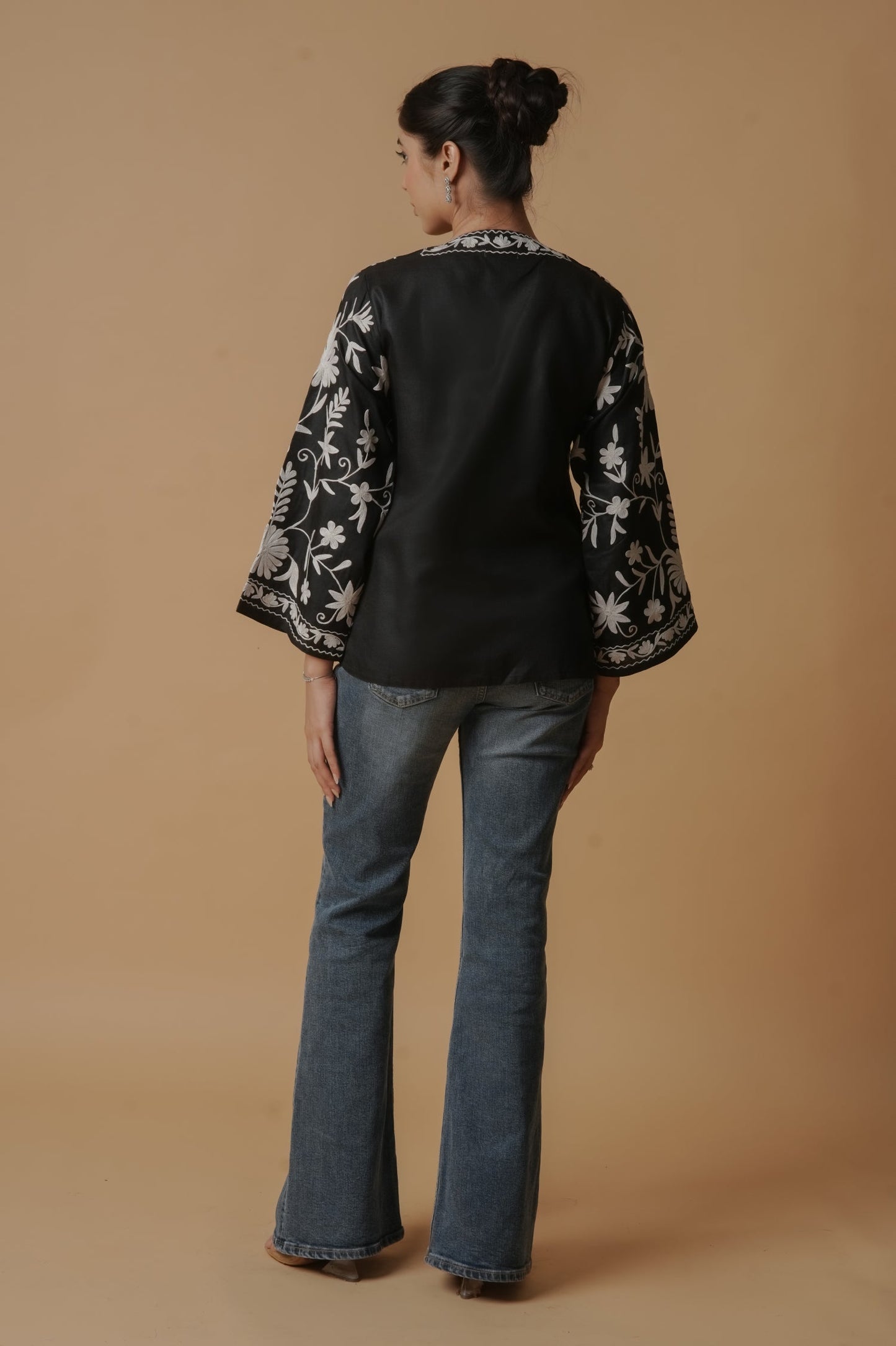 Kashmiri Jacket With Aari Work Cotton  – Black