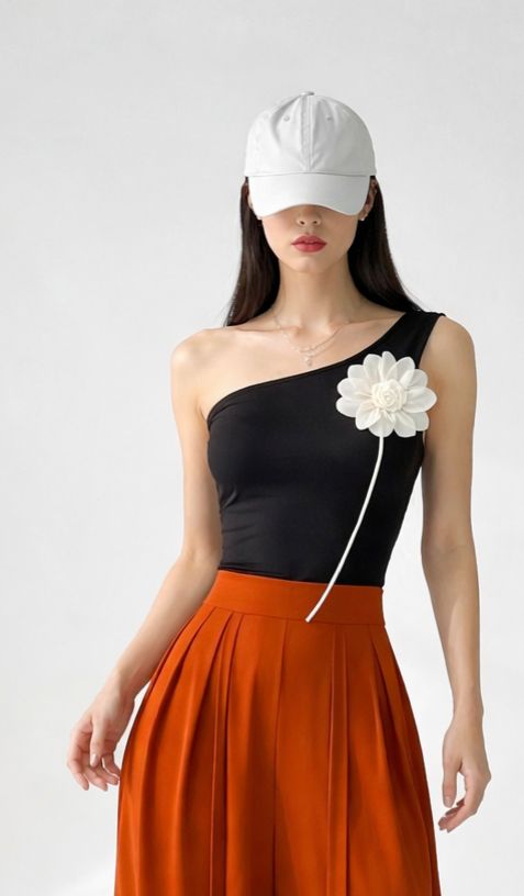 ONE SHOULDER BLACK 3-D FLOWER TOP | De Novoo at Broadway