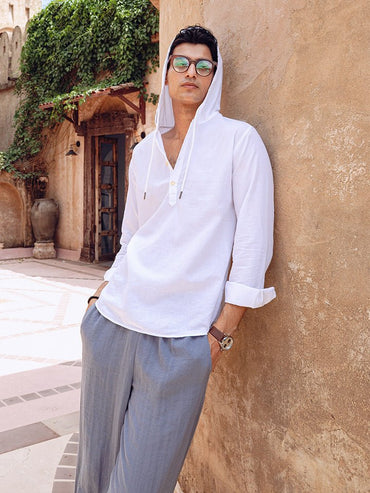 White Solid Hooded Kurta
