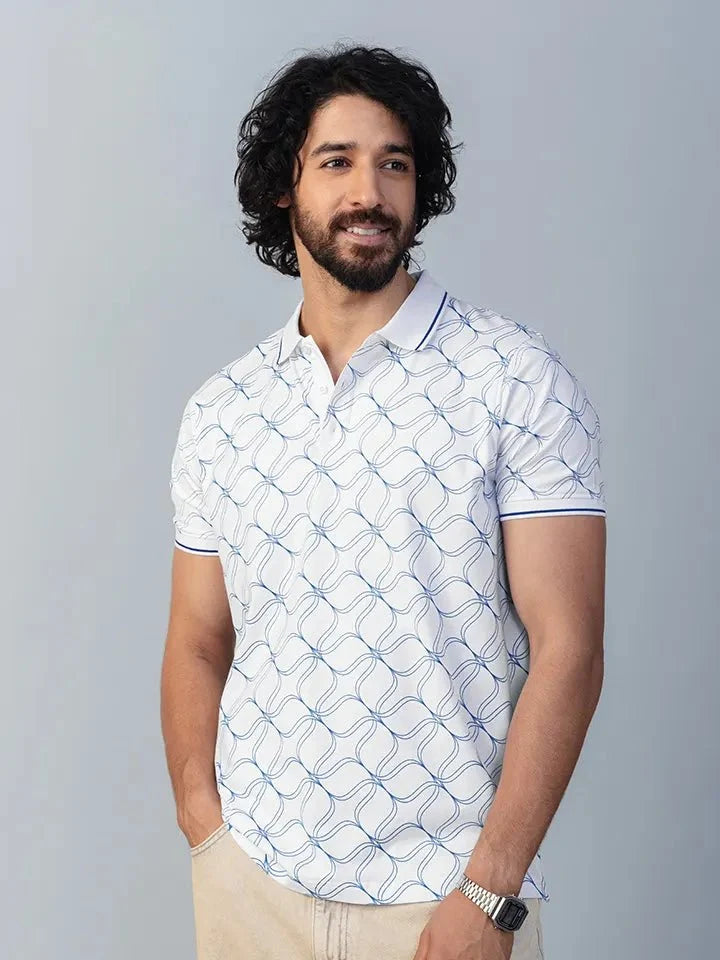 Interlace White Printed Polo T-Shirt 