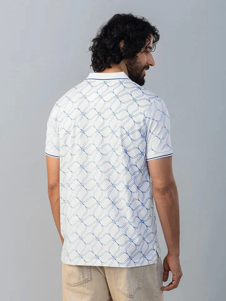 Interlace White Printed Polo T-Shirt back view