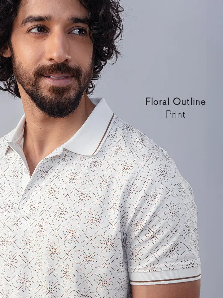 Bloomline White Printed Polo T-Shirt print & collar zoom