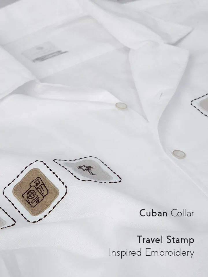 Shoreline White Embroidered Linen Shirt Embroidery & Collar zoom