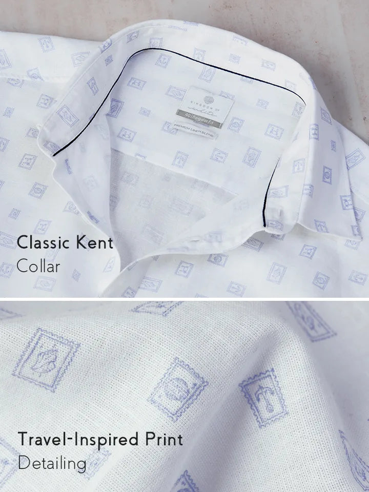 Reef White Cotton Linen Shirt collar & travel print zoom