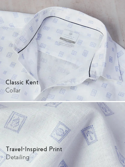 Reef White Cotton Linen Shirt collar & travel print zoom