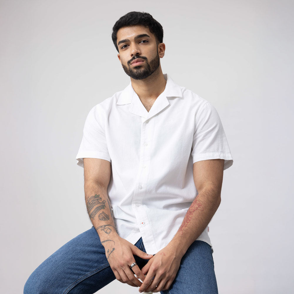 Unisex Half Sleeves Notch Collar Shirt- White