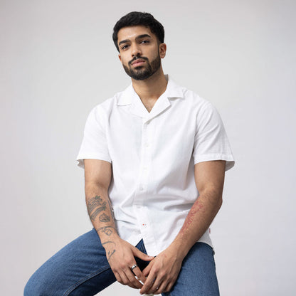 Unisex Half Sleeves Notch Collar Shirt- White