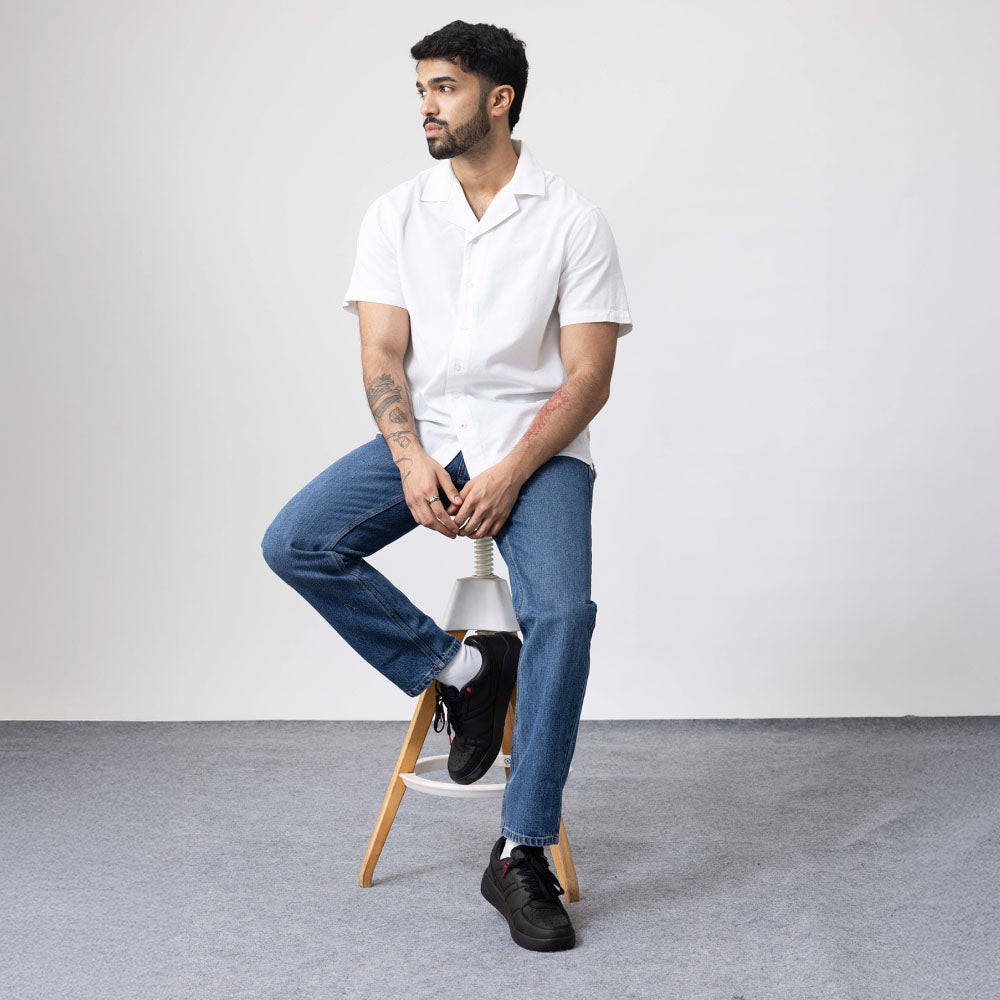 Unisex Half Sleeves Notch Collar Shirt- White