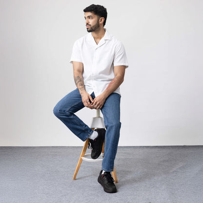 Unisex Half Sleeves Notch Collar Shirt- White