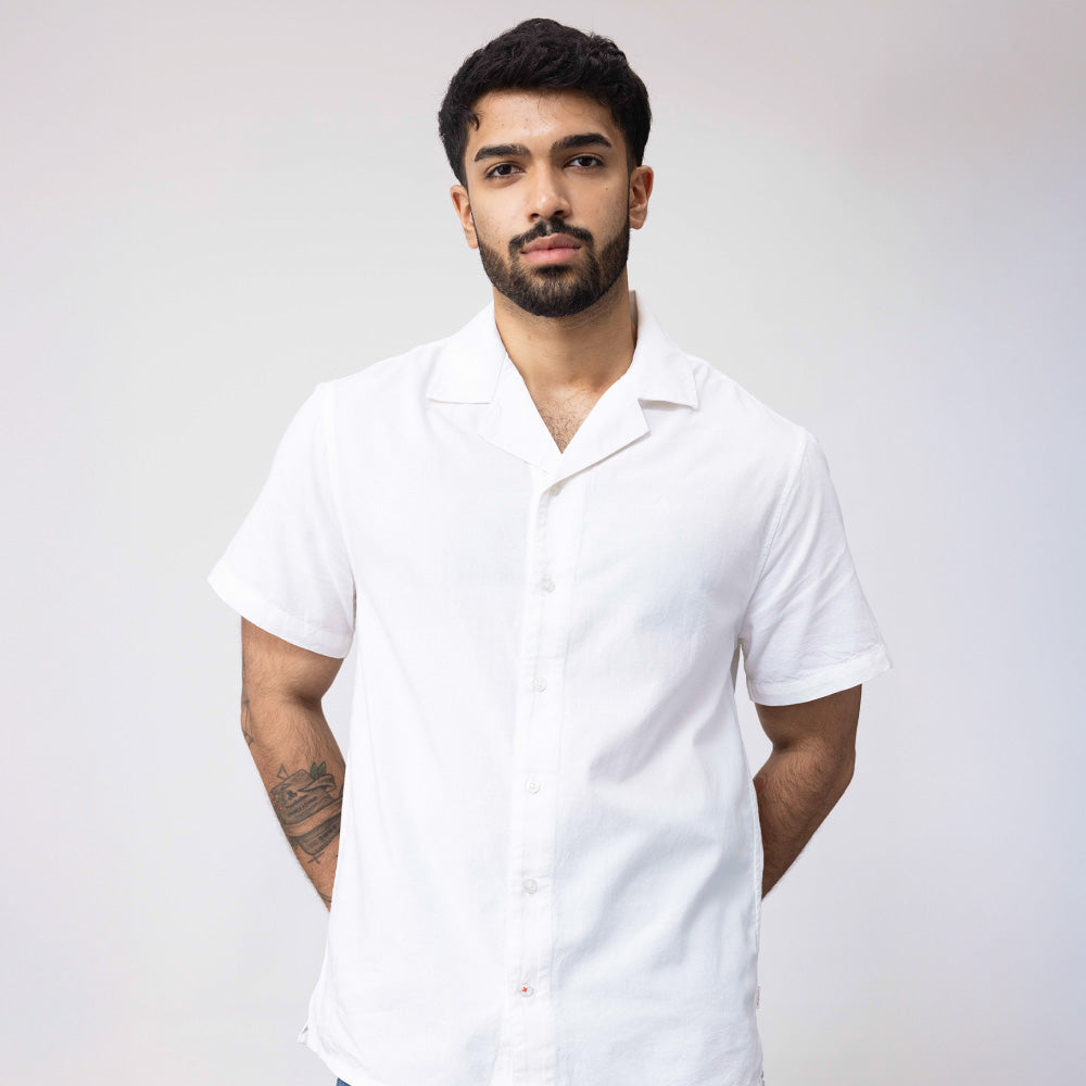 Unisex Half Sleeves Notch Collar Shirt- White