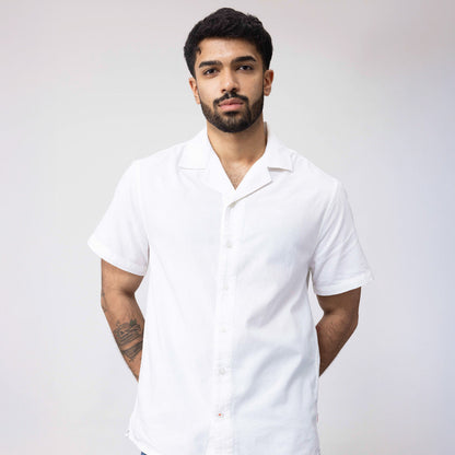 Unisex Half Sleeves Notch Collar Shirt- White