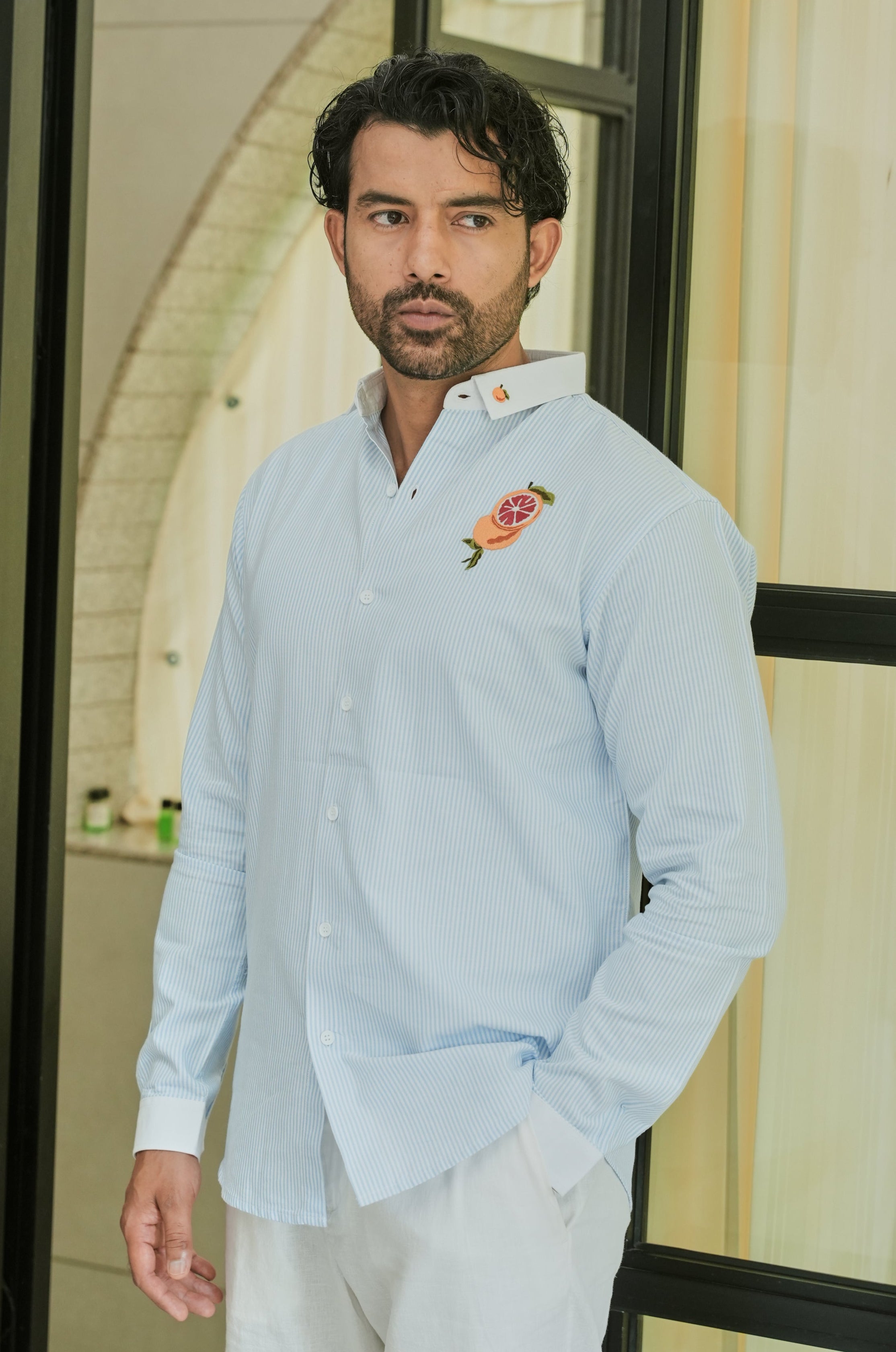 Citrus Bloom Striped Embroidery Shirt | Hamptons at Broadway