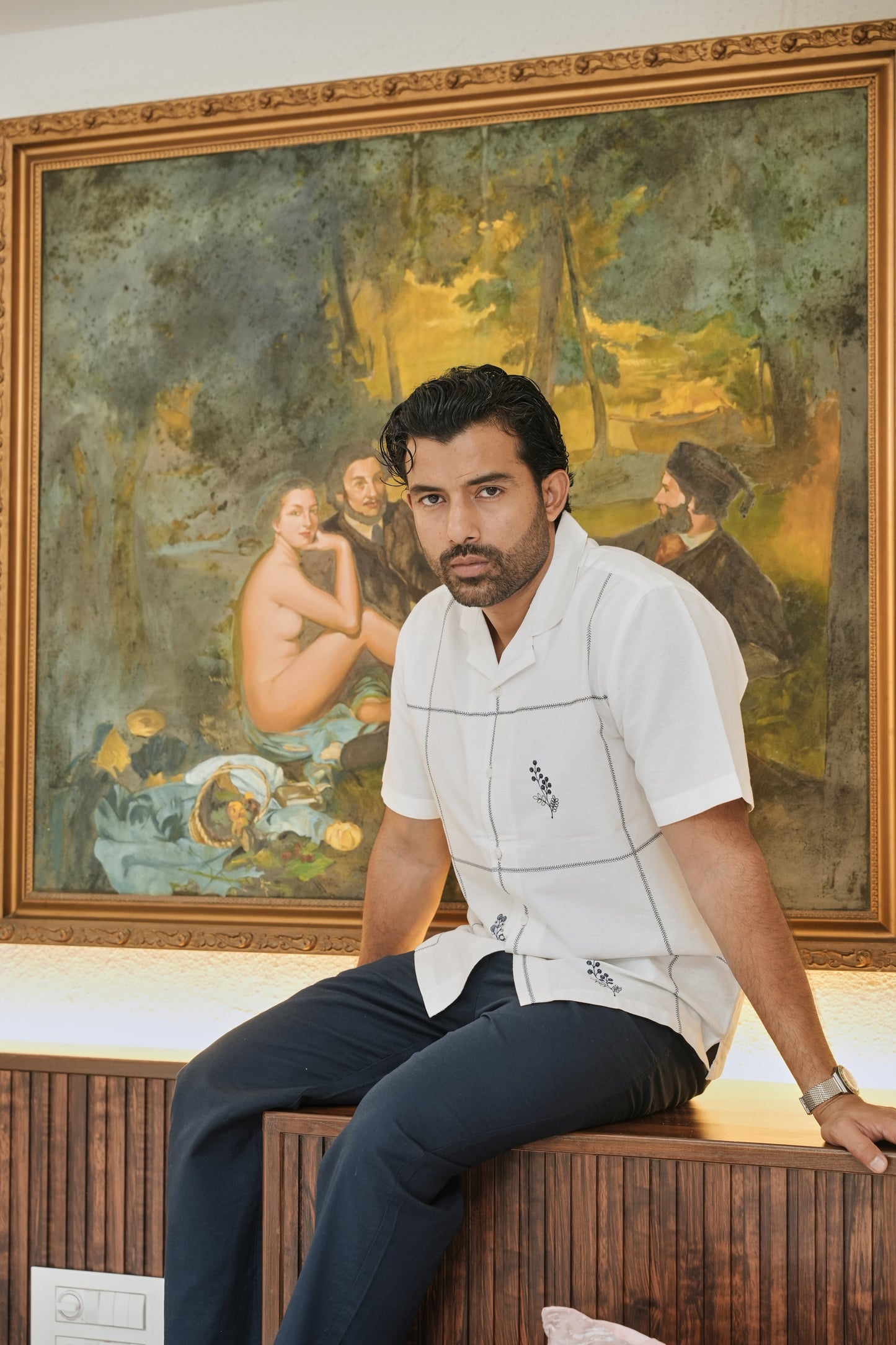 Coastal Grid Embroidered Cuban  White Shirt | Hamptons at Broadway