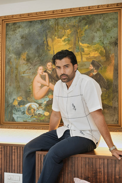 Coastal Grid Embroidered Cuban  White Shirt | Hamptons at Broadway