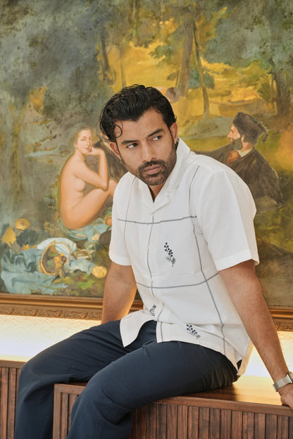 Coastal Grid Embroidered Cuban  White Shirt | Hamptons at Broadway