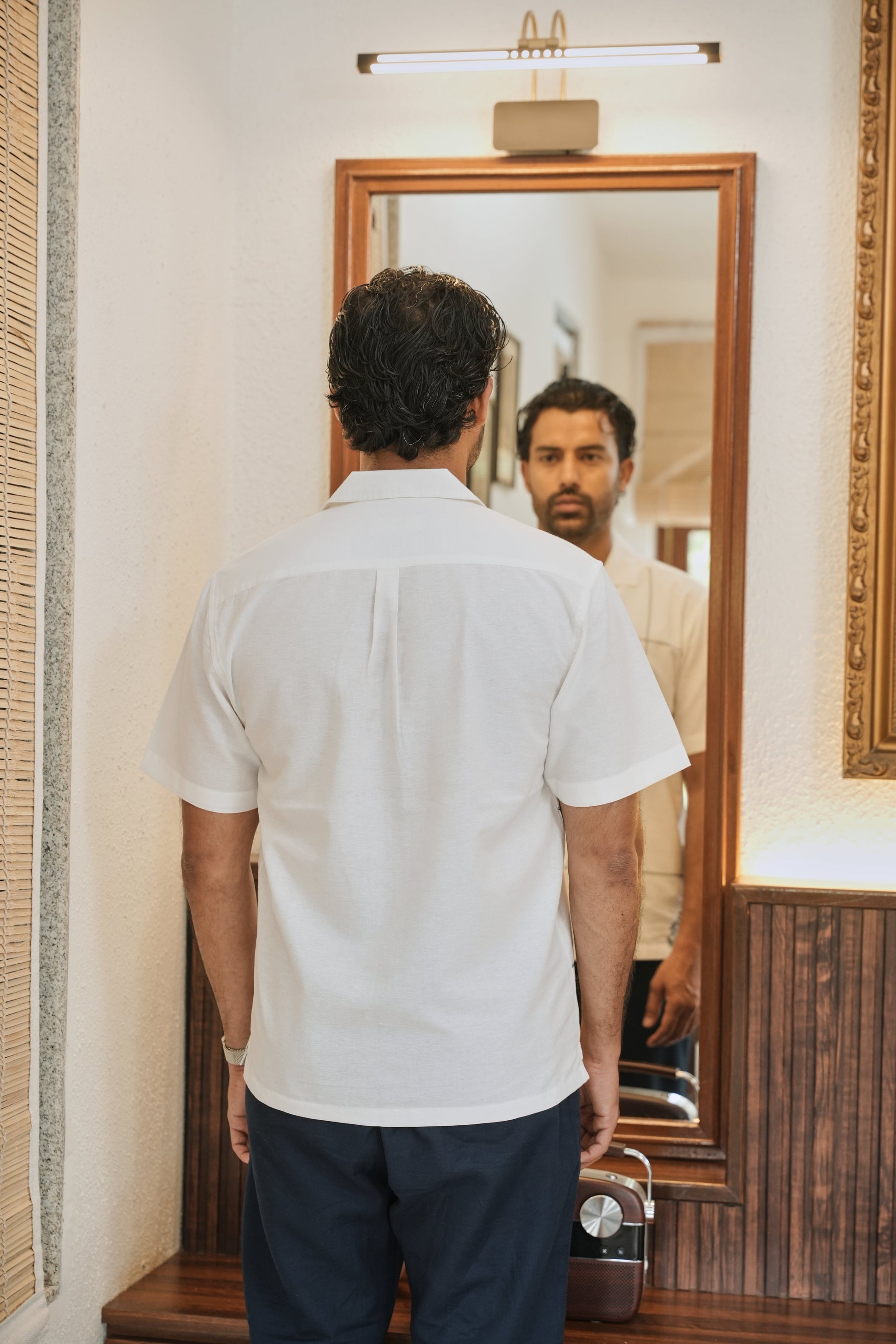 Coastal Grid Embroidered Cuban  White Shirt | Hamptons at Broadway