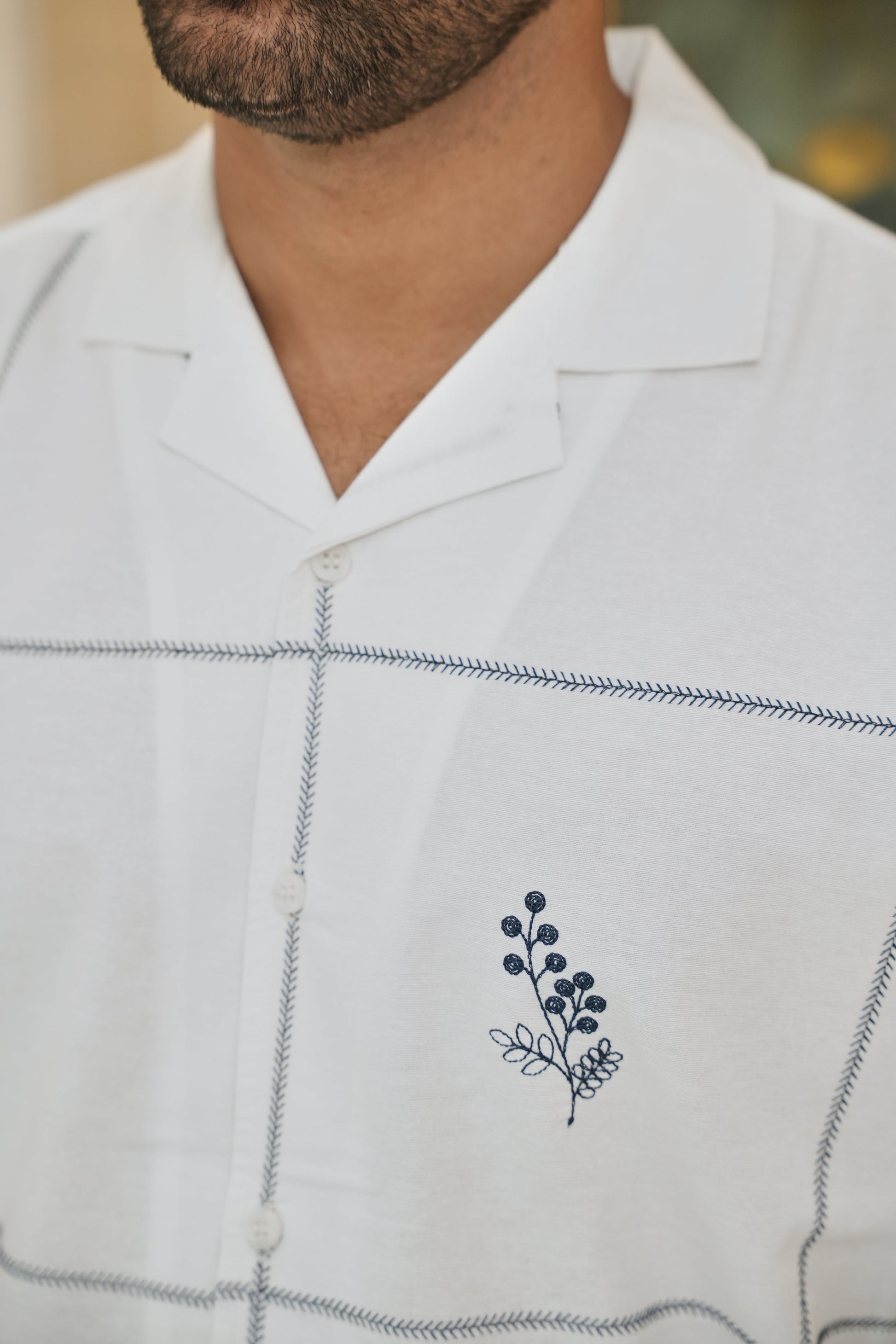 Coastal Grid Embroidered Cuban  White Shirt | Hamptons at Broadway