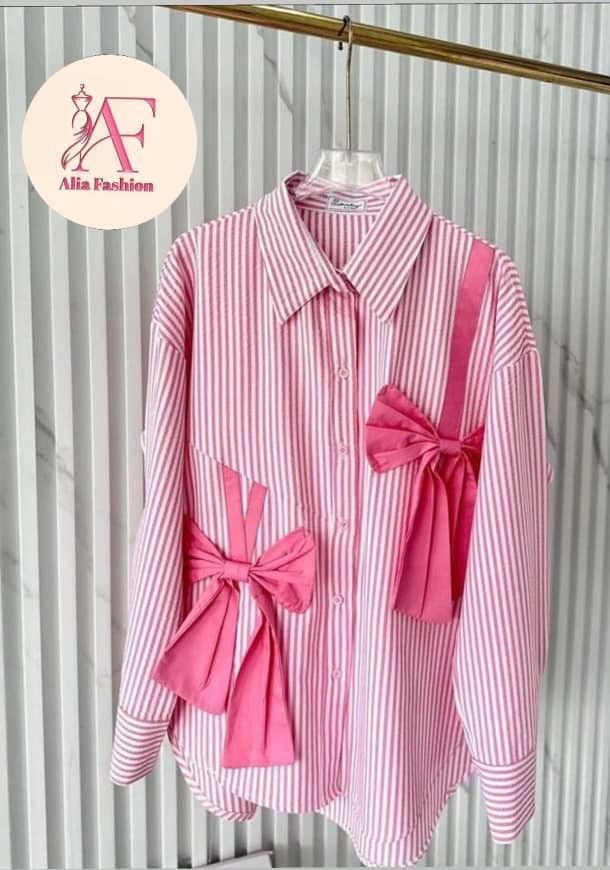 PINK STRIPES PINK BOW SHIRT | De Novoo at Broadway