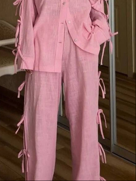 PINK TIE KNOT SLIT PANTS | De Novoo at Broadway
