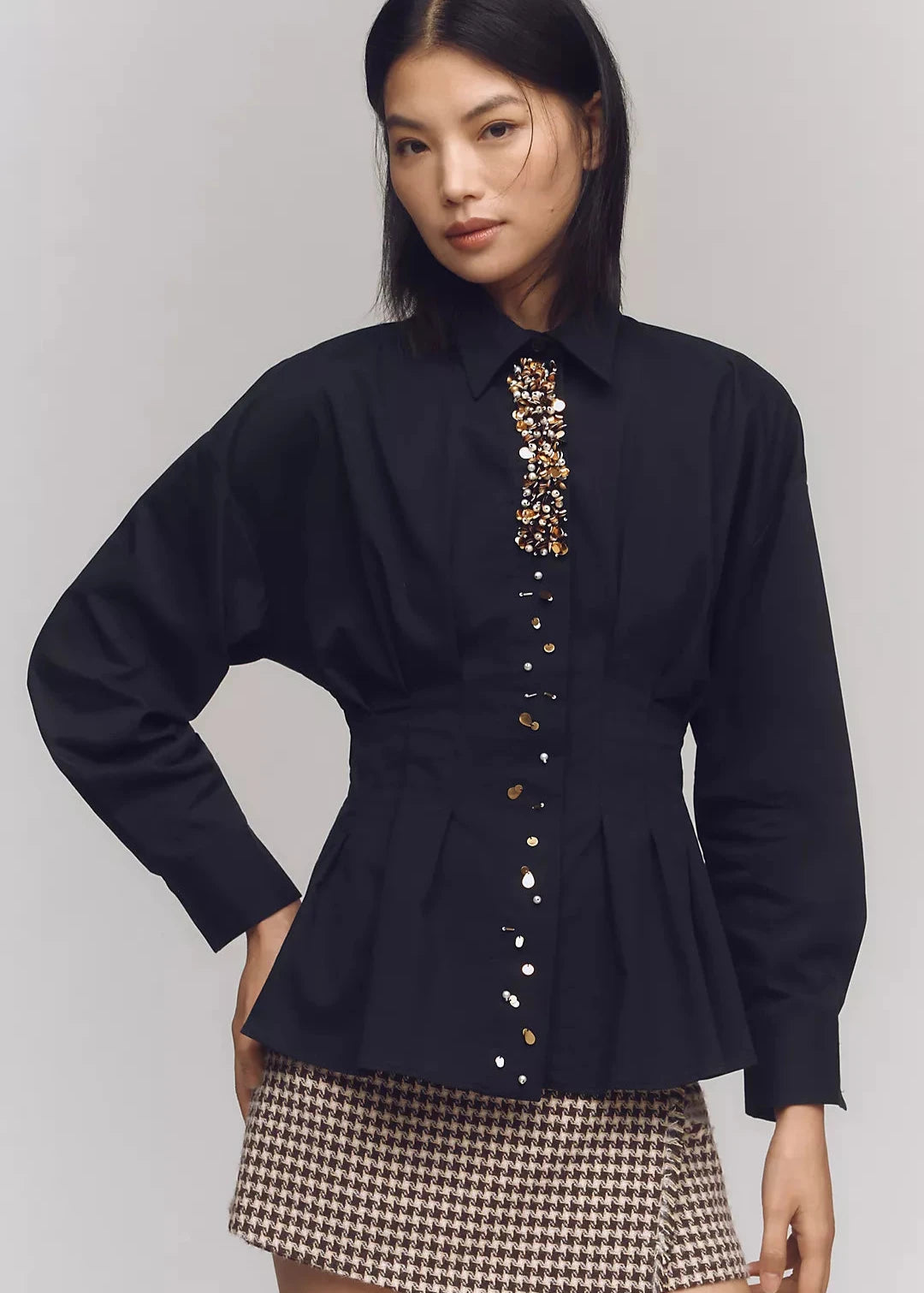 PLEATED EMBELLISHED BLOUSE SHIRT | De Novoo at Broadway