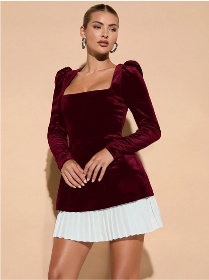 PLEATED HEM VELVET FULL SLEEVE CO-ORD | De Novoo at Broadway