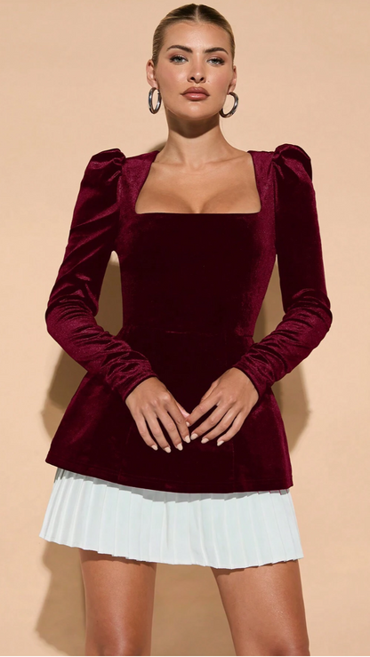 PLEATED HEM VELVET FULL SLEEVE CO-ORD | De Novoo at Broadway