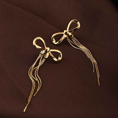 Gold Bow and Tassel Dangler Earrings