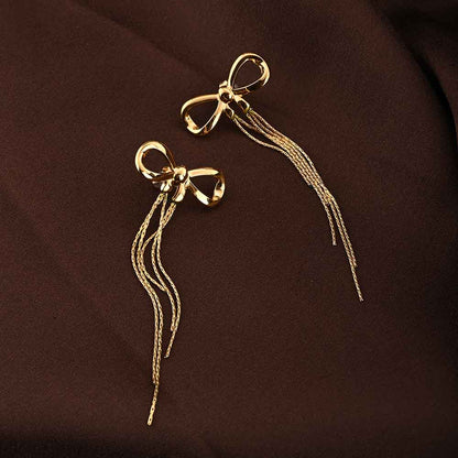 Gold Bow and Tassel Dangler Earrings