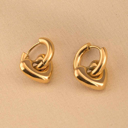 Gold Heart Hoop Drop Earrings